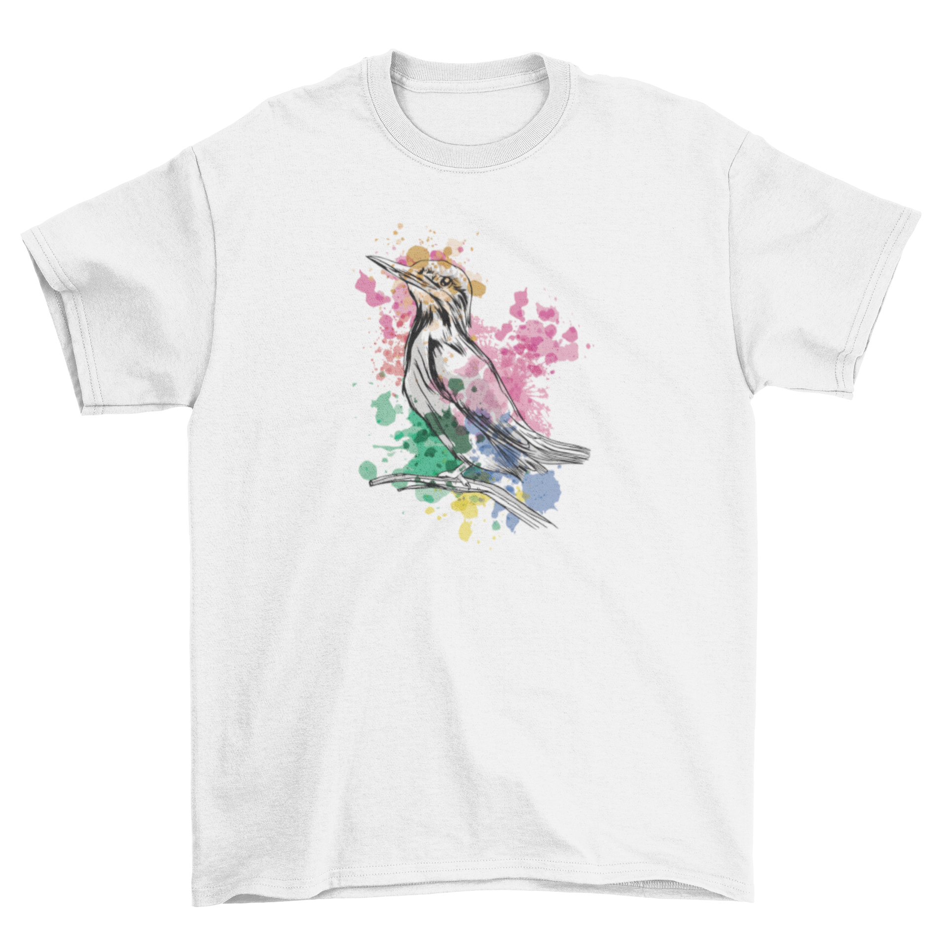 A vibrant Watercolor Kingfisher T-shirt featuring a beautifully illustrated kingfisher surrounded by colorful watercolor details.
