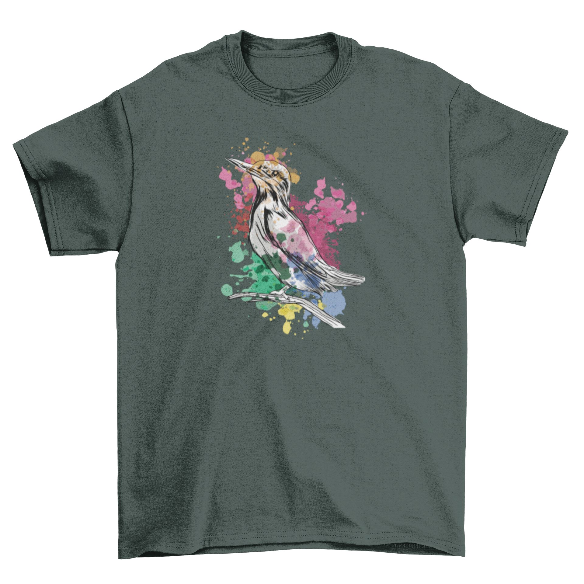 A vibrant Watercolor Kingfisher T-shirt featuring a beautifully illustrated kingfisher surrounded by colorful watercolor details.