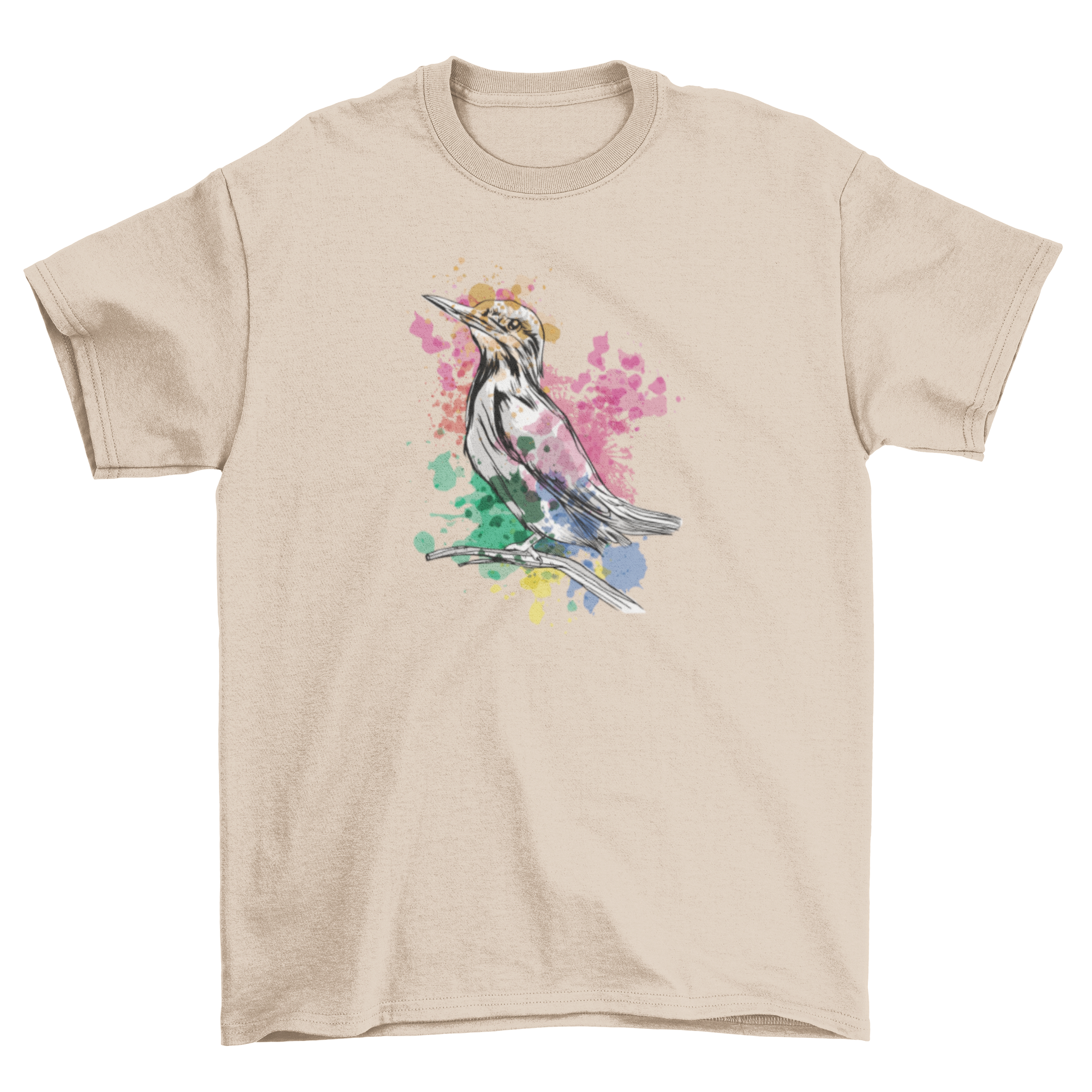 A vibrant Watercolor Kingfisher T-shirt featuring a beautifully illustrated kingfisher surrounded by colorful watercolor details.