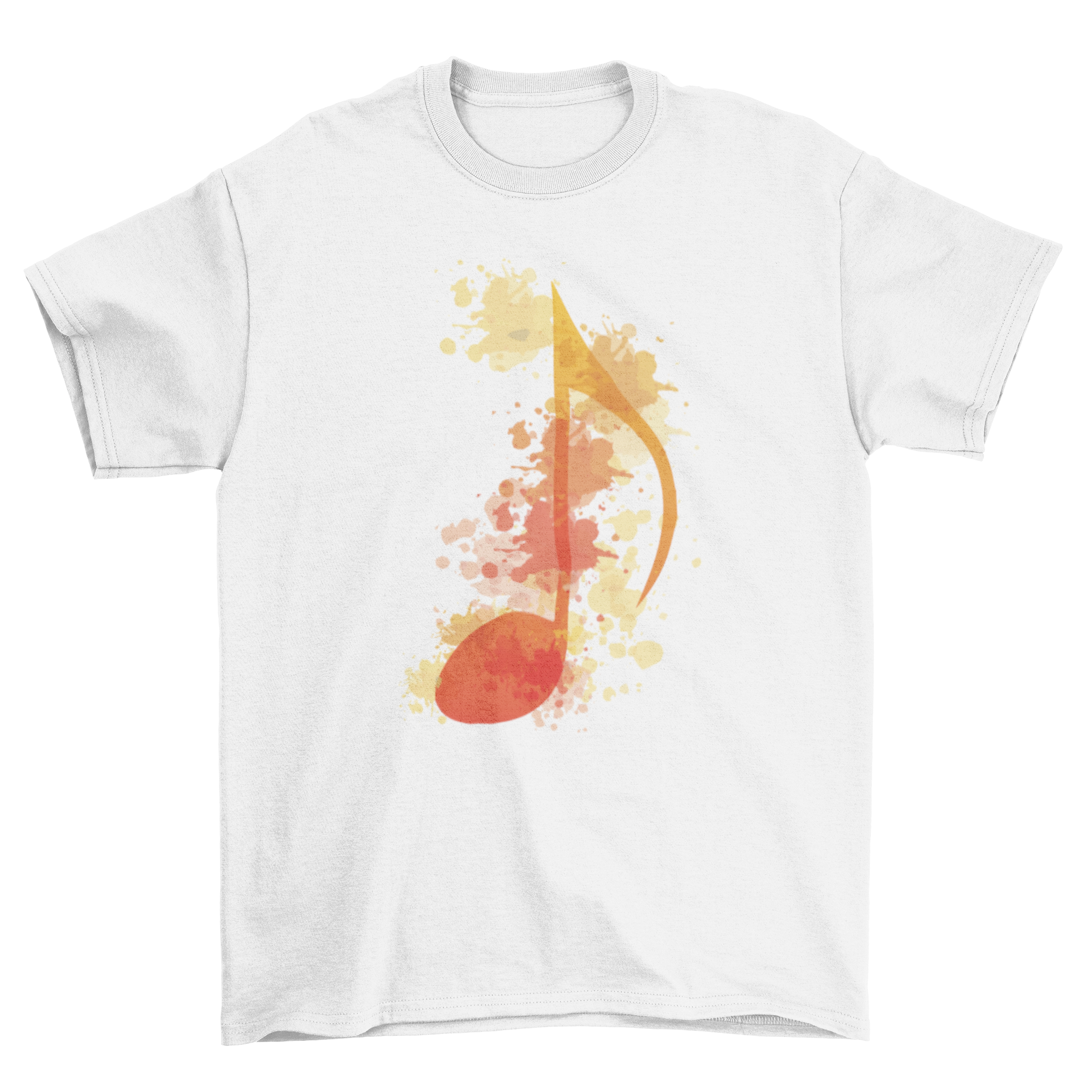 A stylish T-shirt featuring a vibrant watercolor music note design, perfect for music lovers.