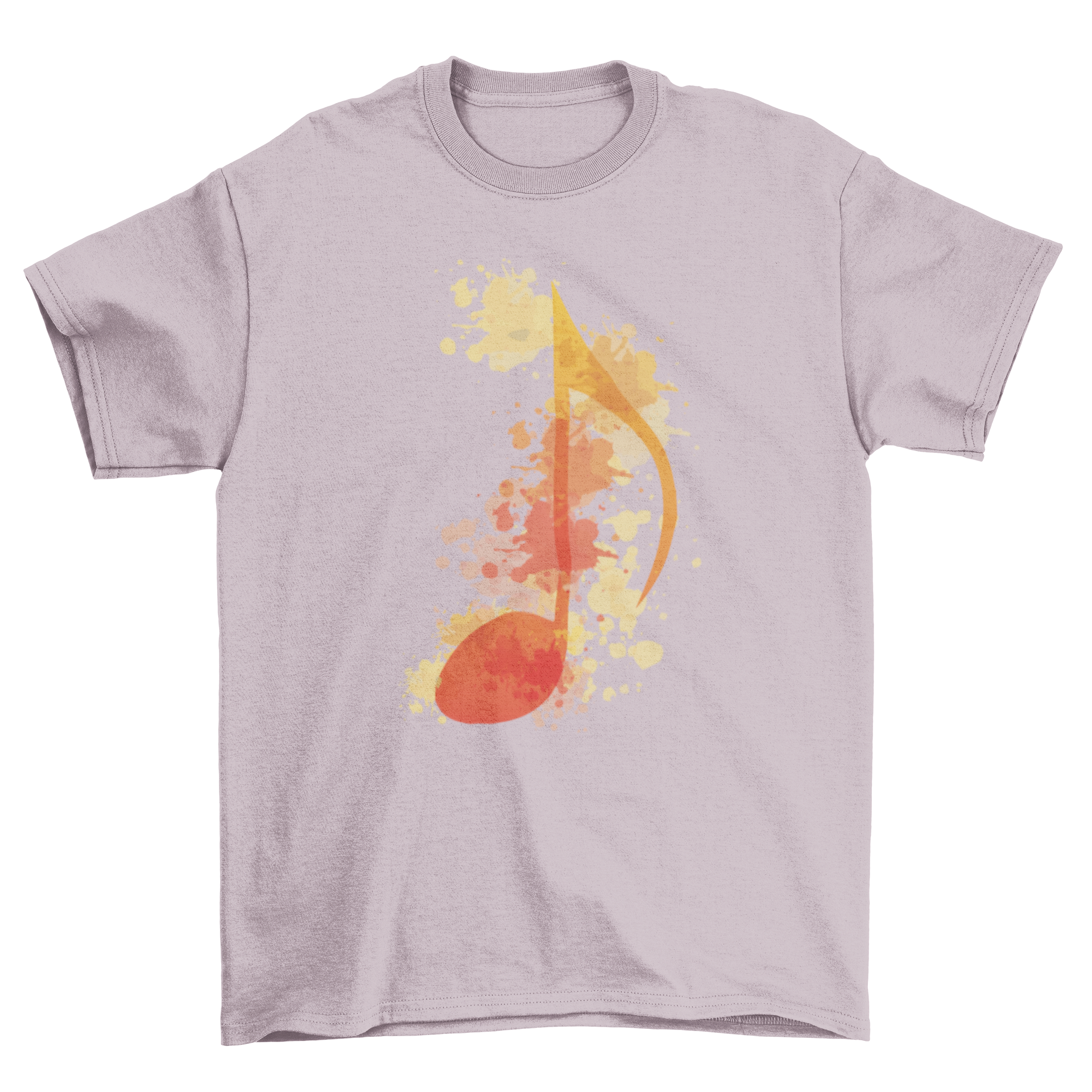 A stylish T-shirt featuring a vibrant watercolor music note design, perfect for music lovers.