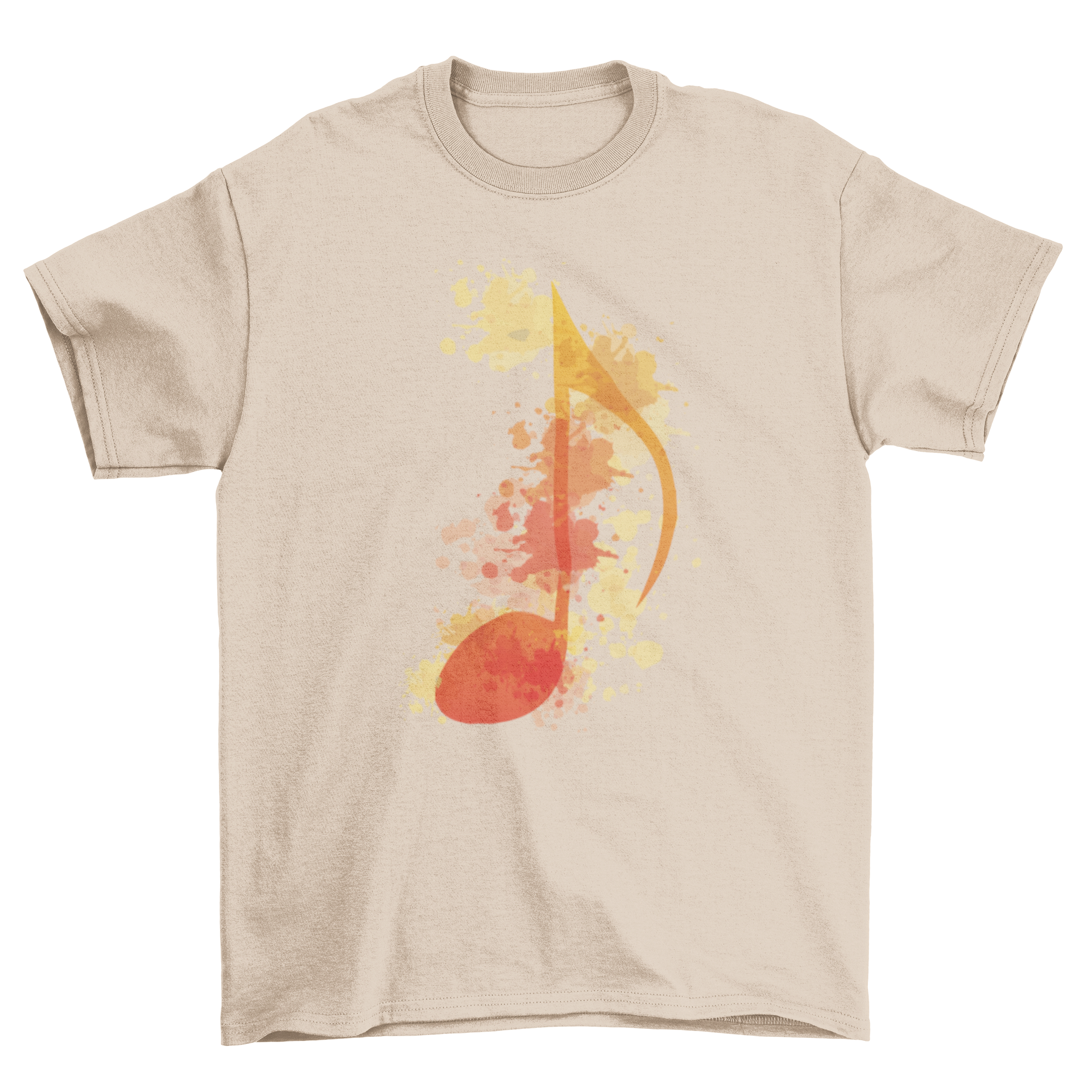 A stylish T-shirt featuring a vibrant watercolor music note design, perfect for music lovers.