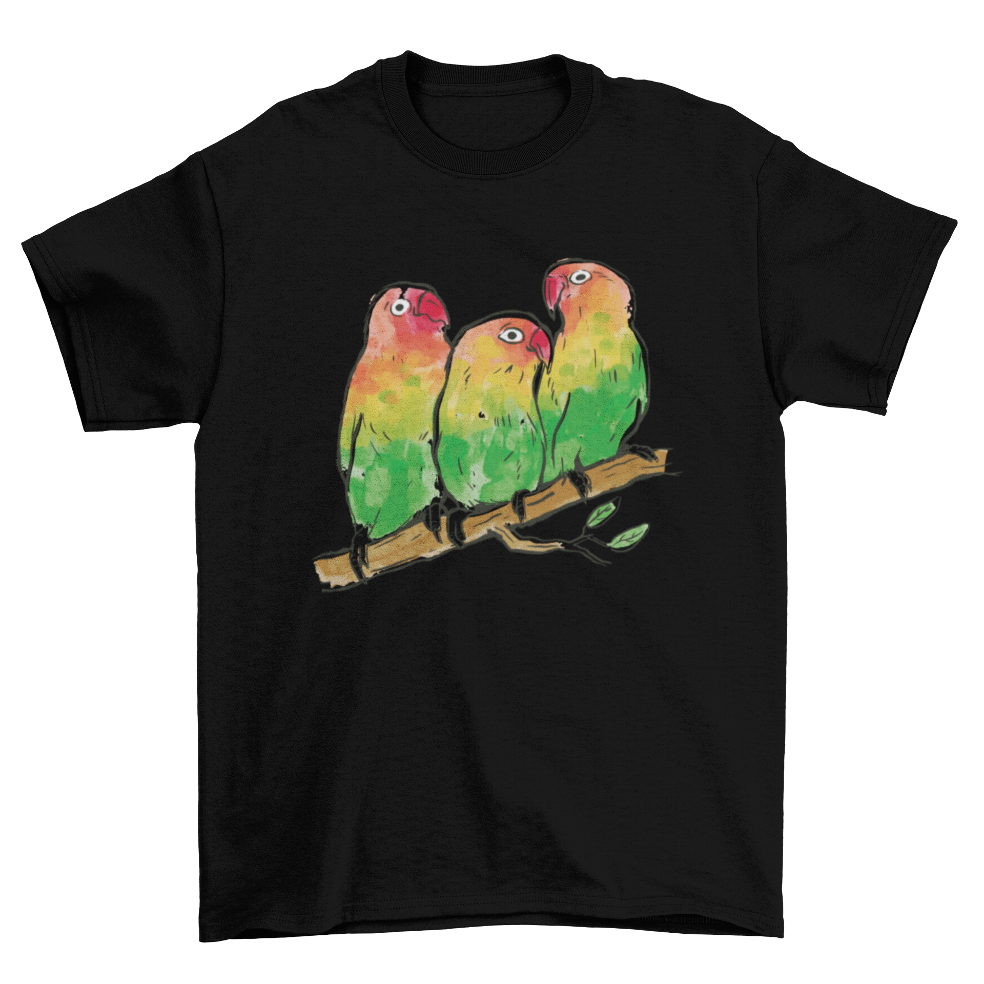 A vibrant t-shirt featuring three colorful watercolor parrots, showcasing their intricate details and lively colors.