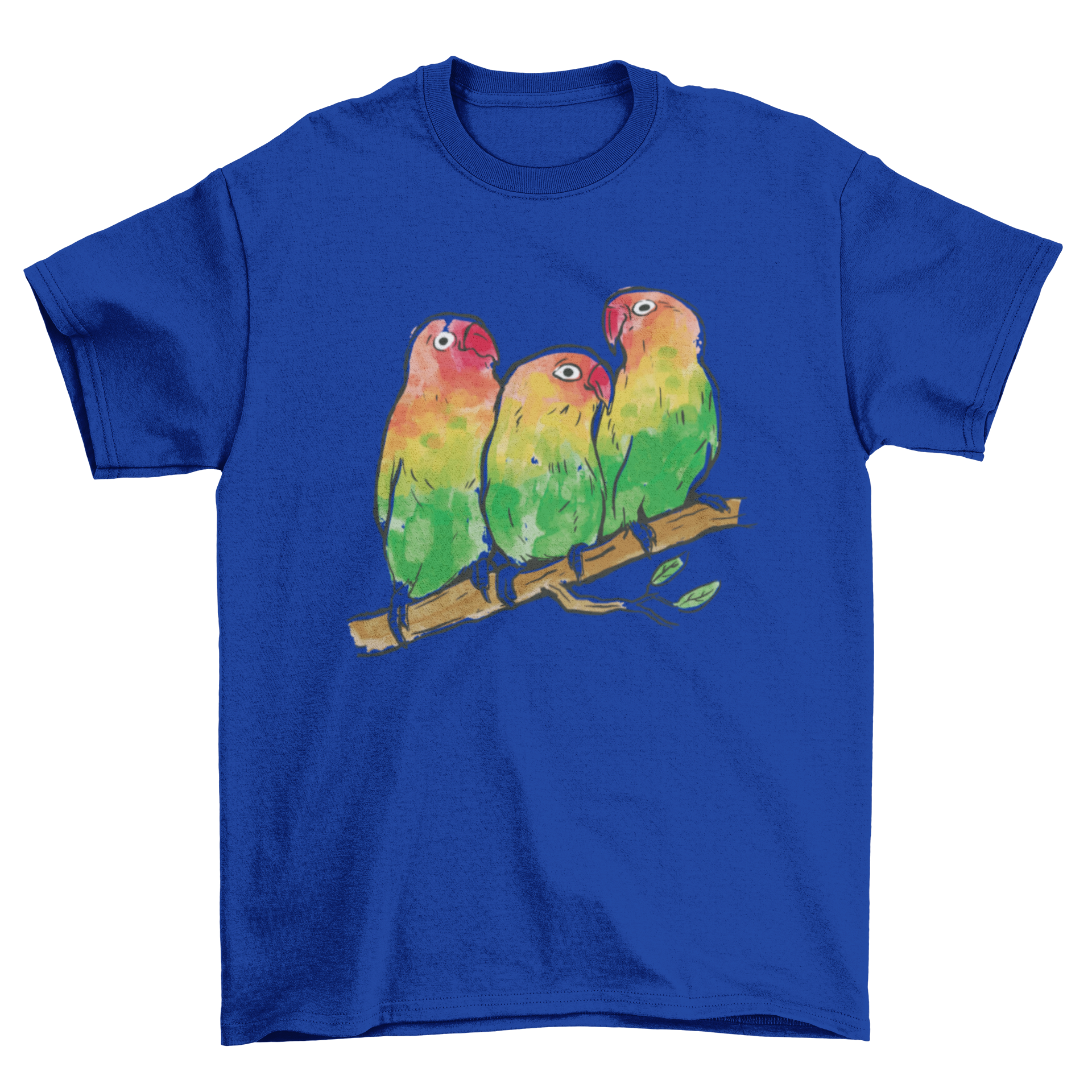 A vibrant t-shirt featuring three colorful watercolor parrots, showcasing their intricate details and lively colors.