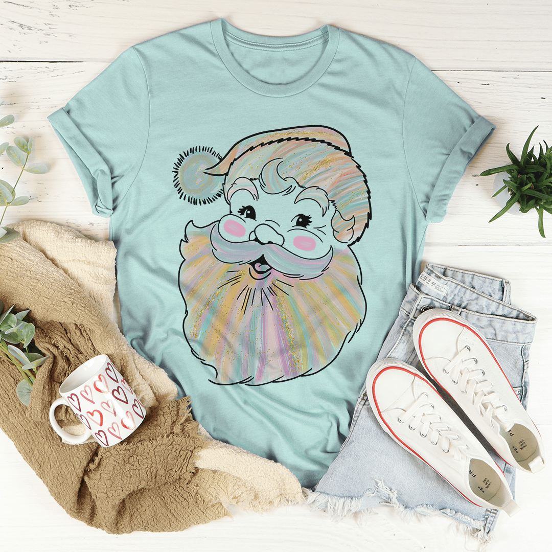 A festive Watercolor Santa Tee featuring a colorful Santa design, made from 100% soft cotton, perfect for holiday celebrations.