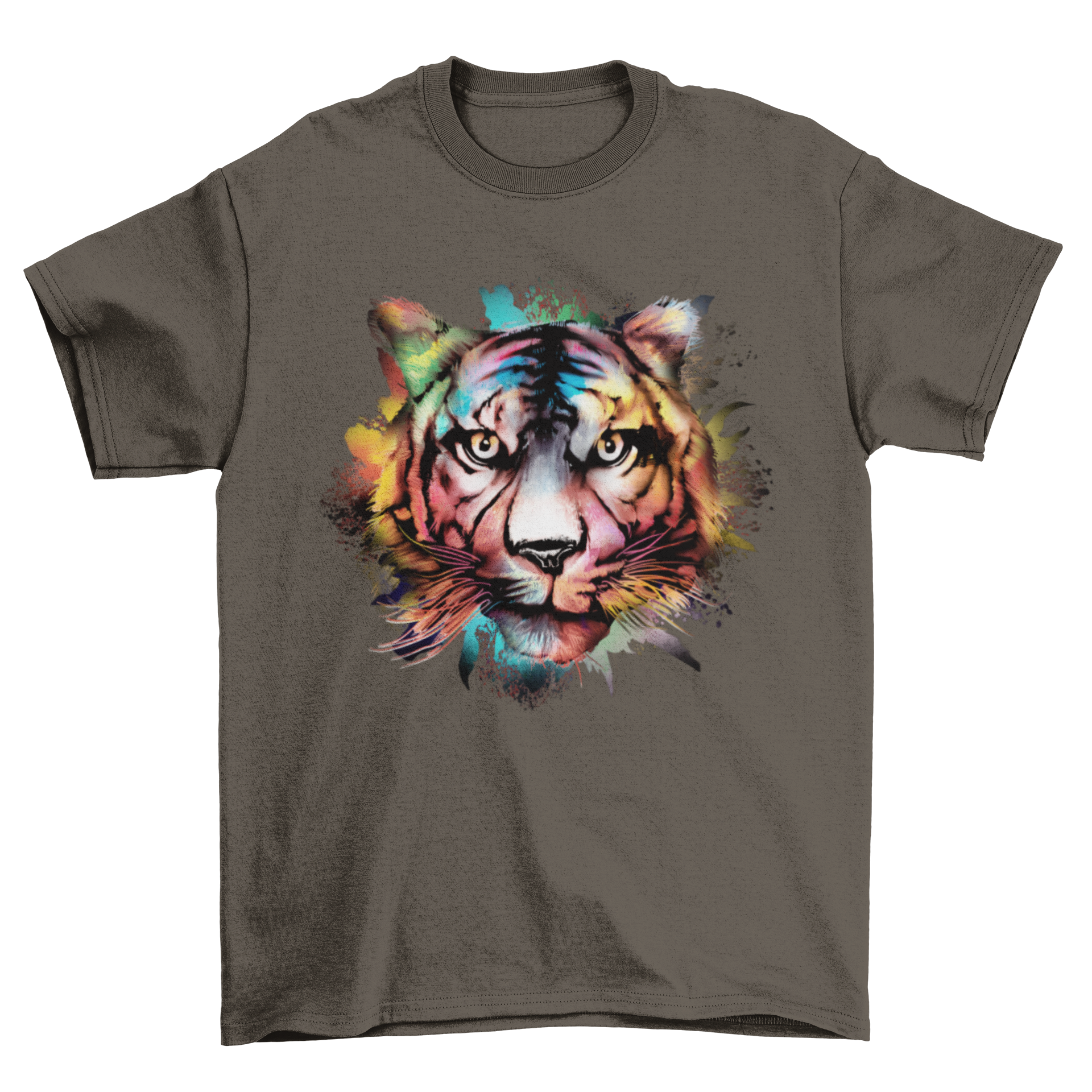 A stylish t-shirt featuring a vibrant watercolor illustration of a tiger head, showcasing intricate details and colors.