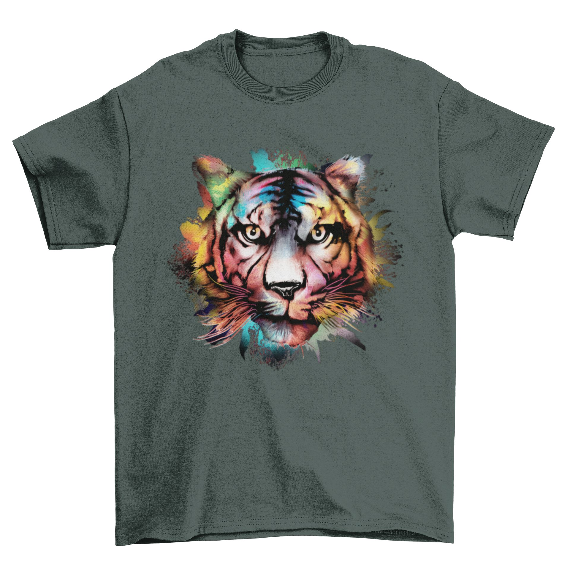 A stylish t-shirt featuring a vibrant watercolor illustration of a tiger head, showcasing intricate details and colors.