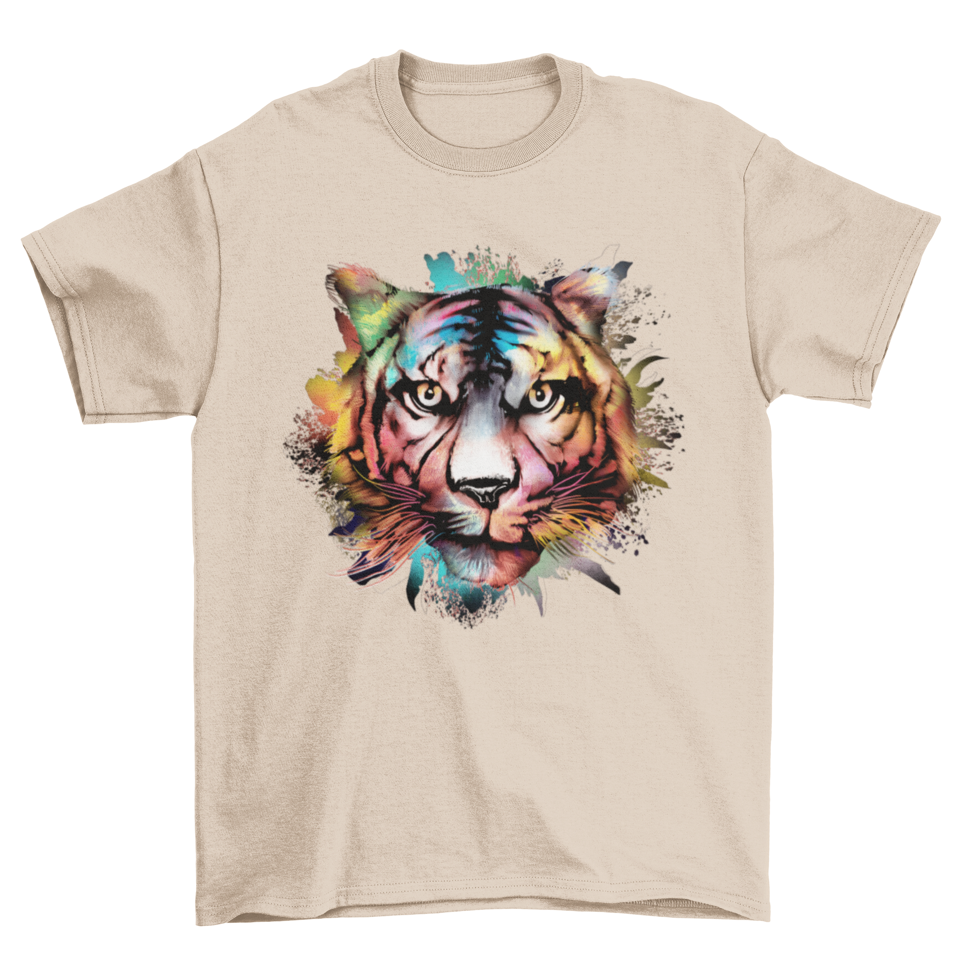 A stylish t-shirt featuring a vibrant watercolor illustration of a tiger head, showcasing intricate details and colors.