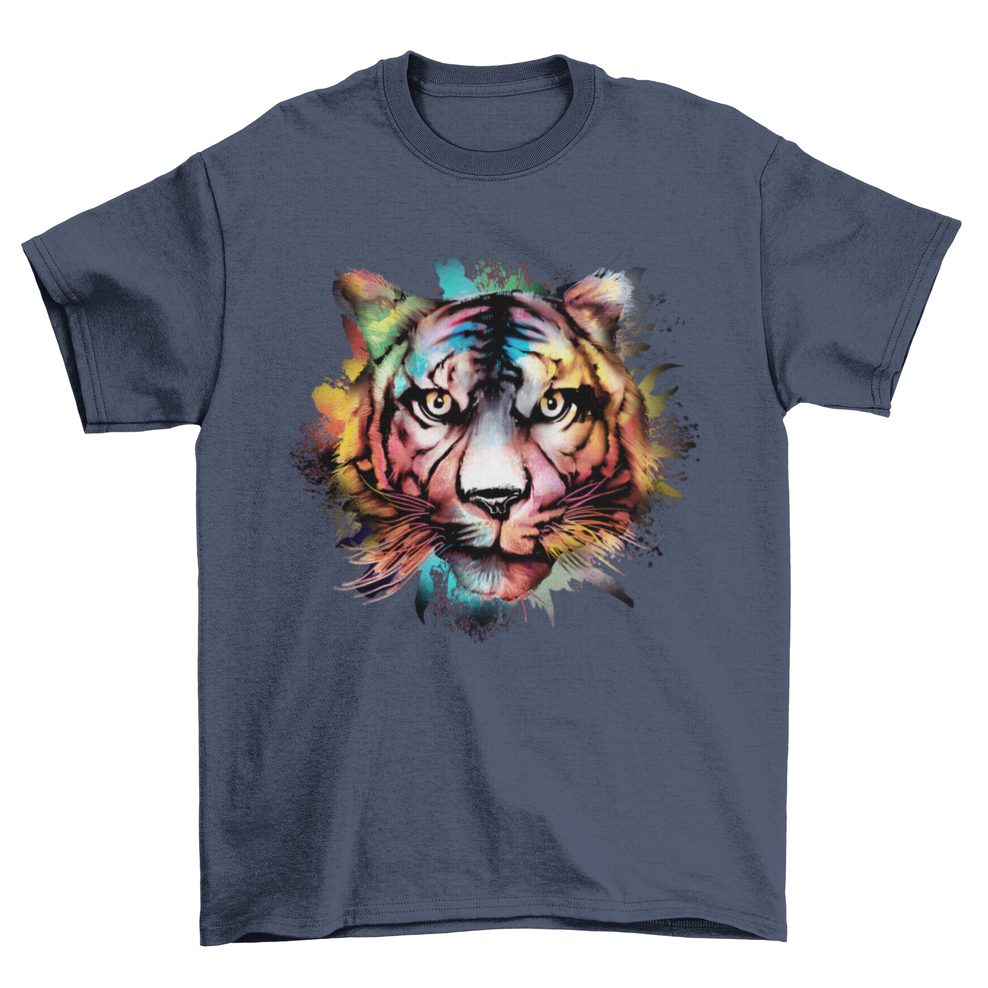 A stylish t-shirt featuring a vibrant watercolor illustration of a tiger head, showcasing intricate details and colors.
