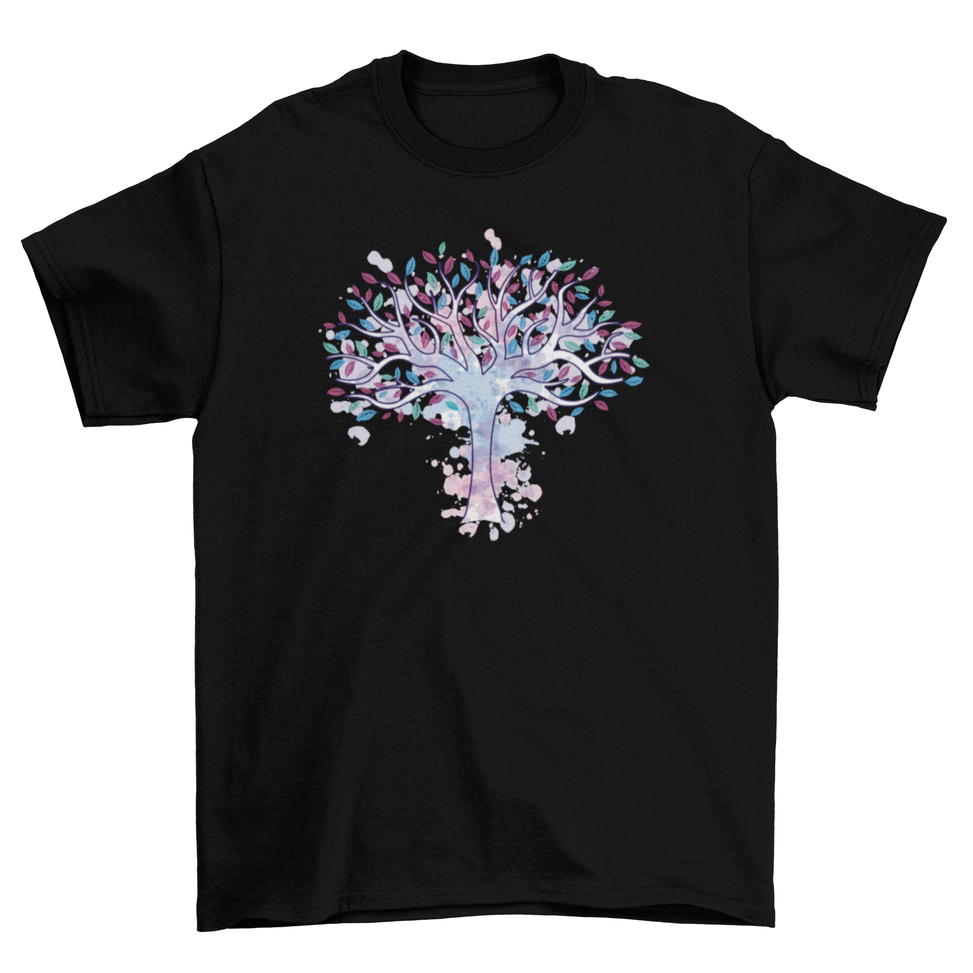 A vibrant watercolor tree of life design on a soft t-shirt, showcasing intricate details and colors.