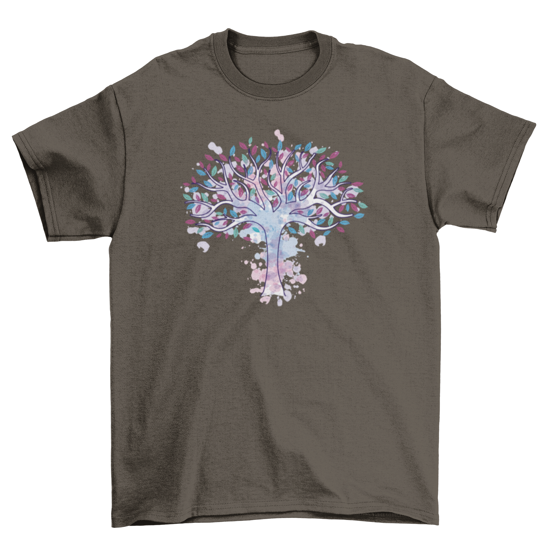 A vibrant watercolor tree of life design on a soft t-shirt, showcasing intricate details and colors.