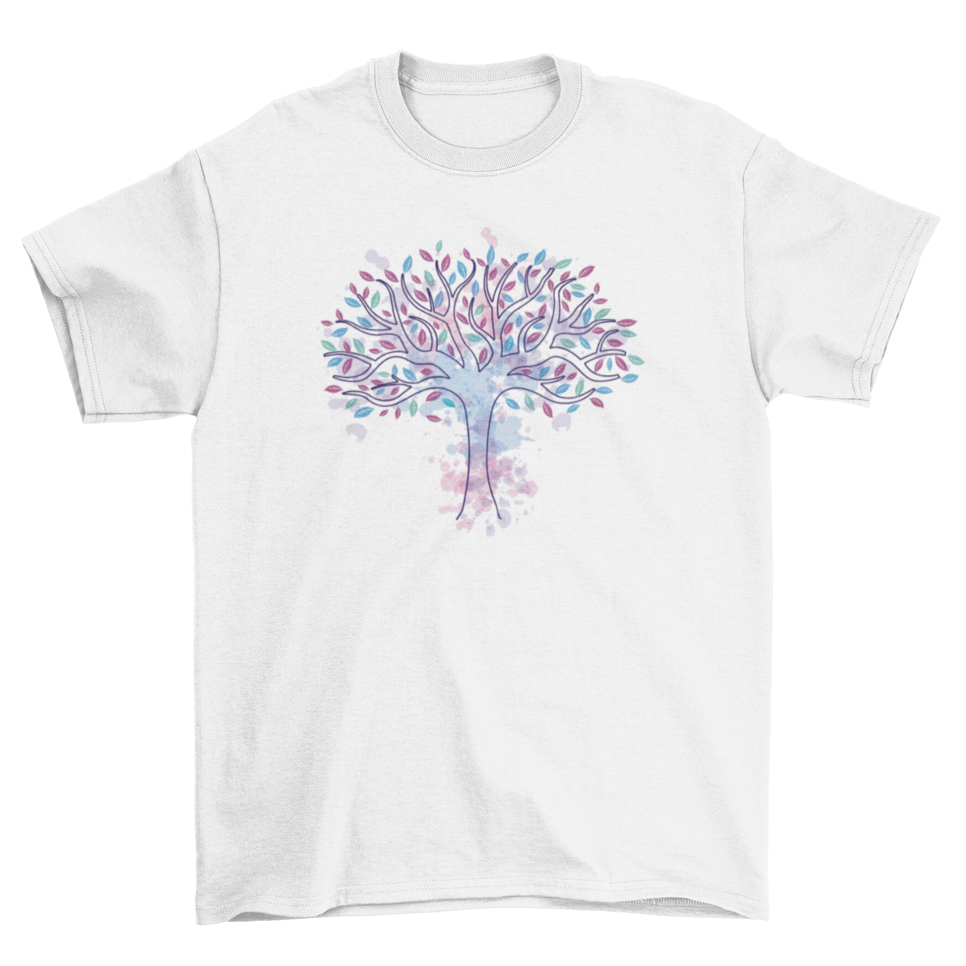 A vibrant watercolor tree of life design on a soft t-shirt, showcasing intricate details and colors.