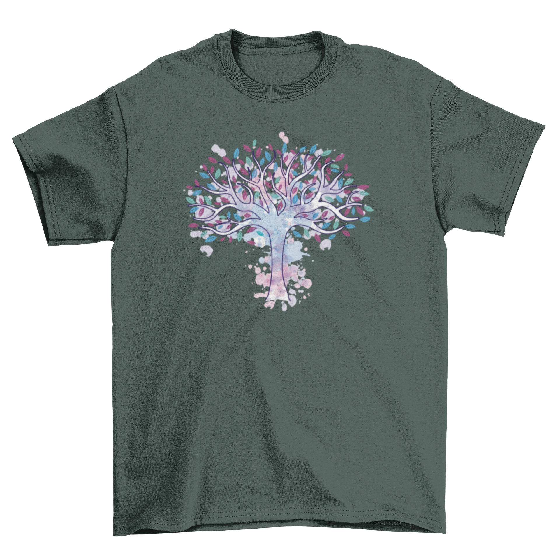 A vibrant watercolor tree of life design on a soft t-shirt, showcasing intricate details and colors.