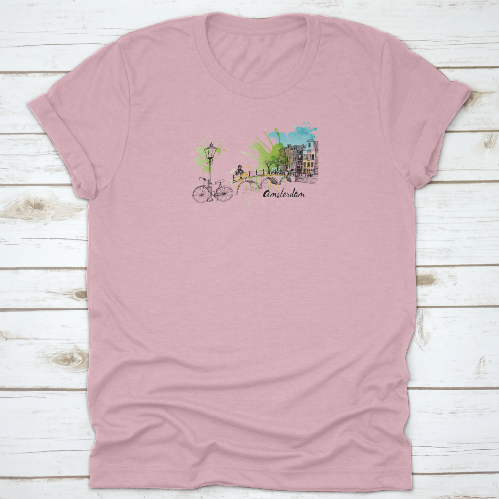 A stylish t-shirt featuring a vibrant watercolor vector illustration of Amsterdam, showcasing iconic landmarks and a colorful design.