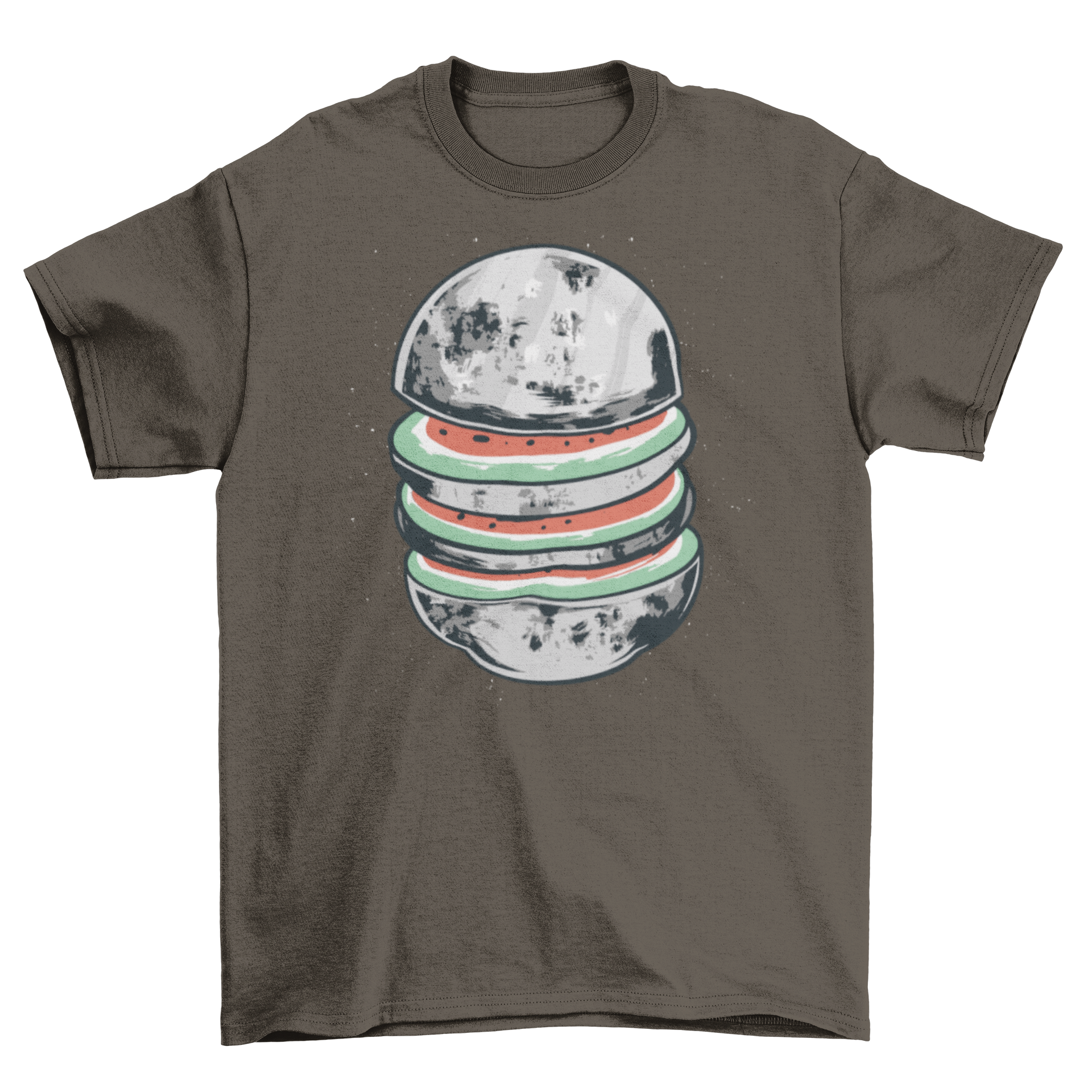 A stylish t-shirt featuring a whimsical illustration of a sliced moon with a vibrant watermelon inside, perfect for casual wear.