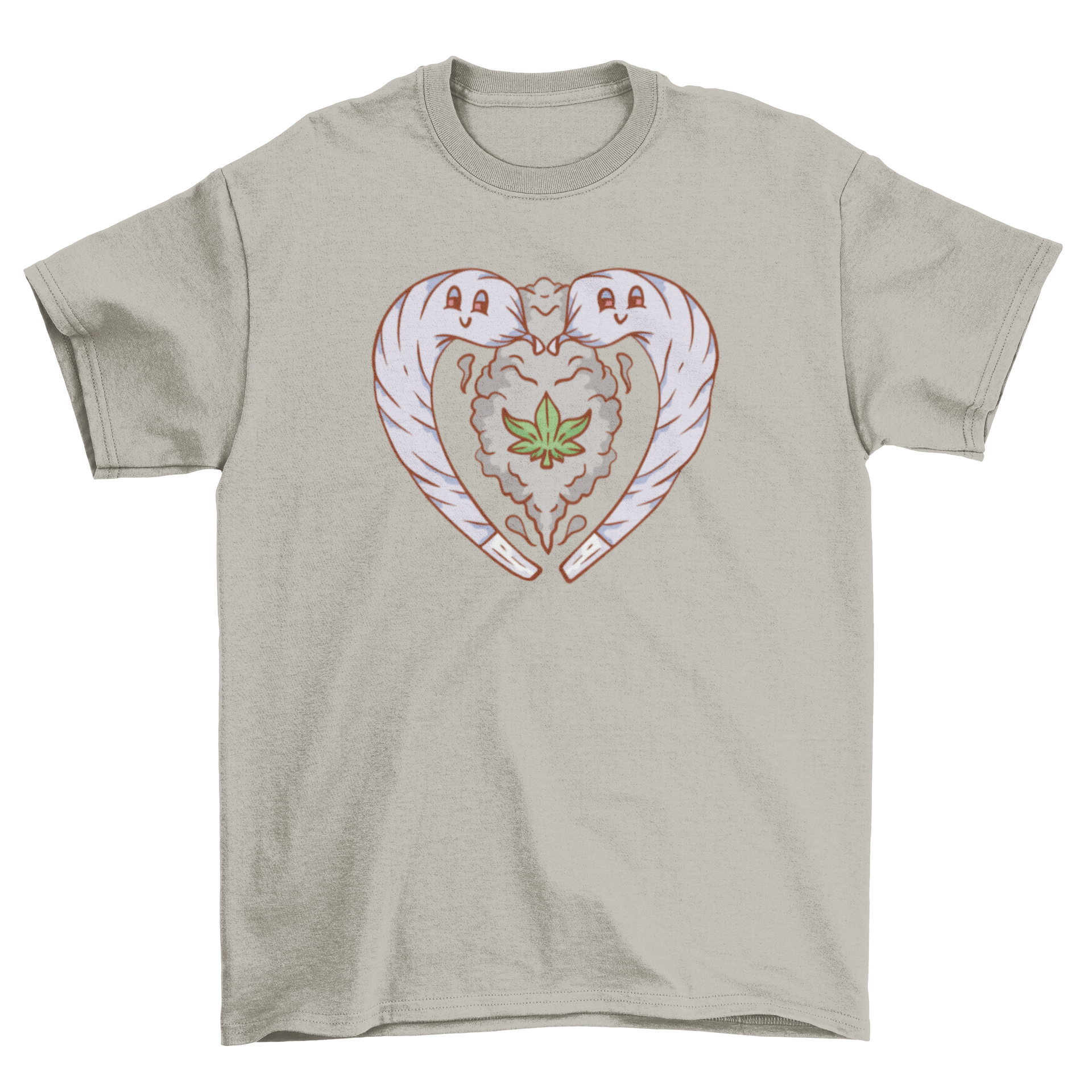 Weed Love T-shirt featuring two joints in a heart shape with cartoon-style design.