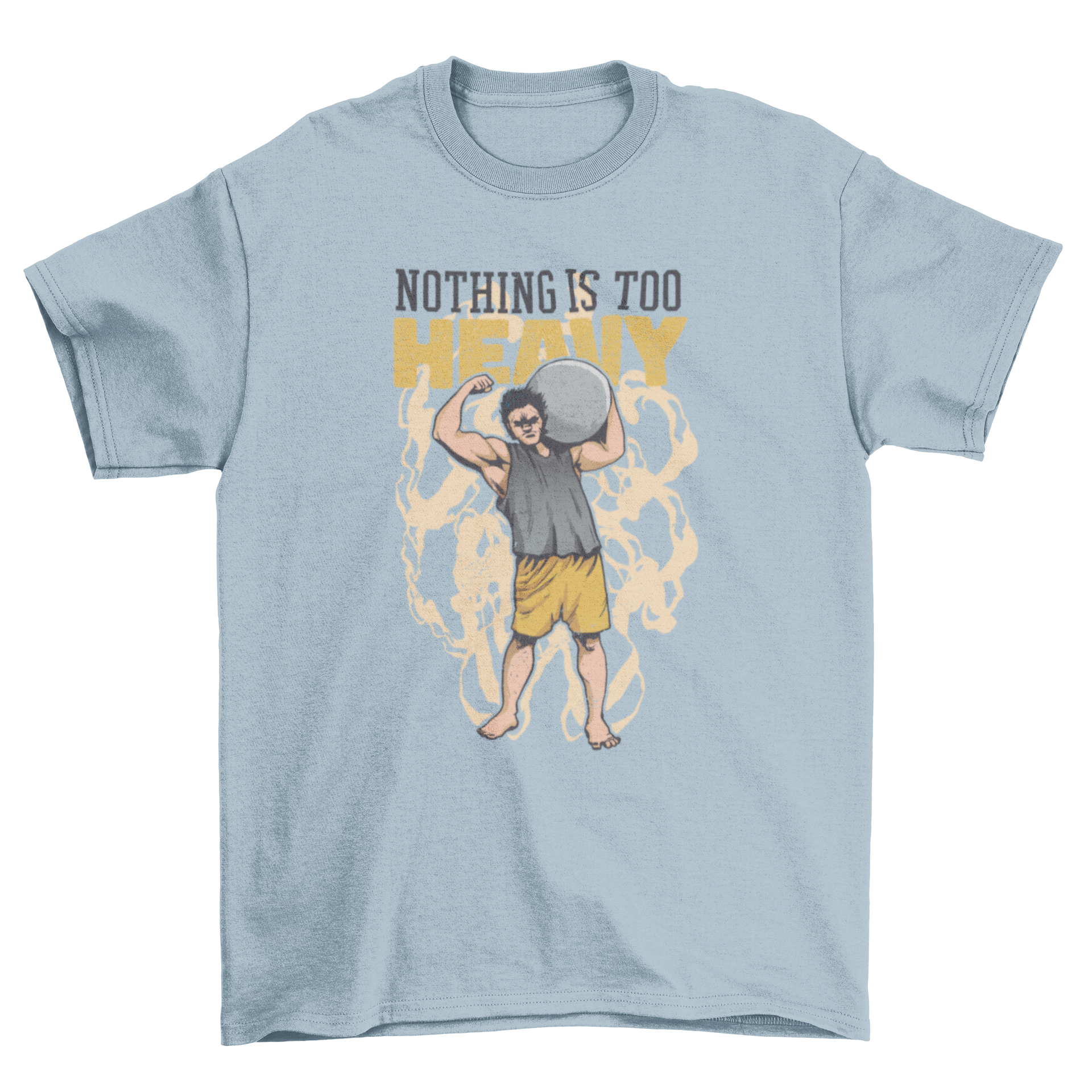 A black t-shirt featuring a strongman flexing biceps while holding a stone ball on his shoulder, showcasing strength and fitness.