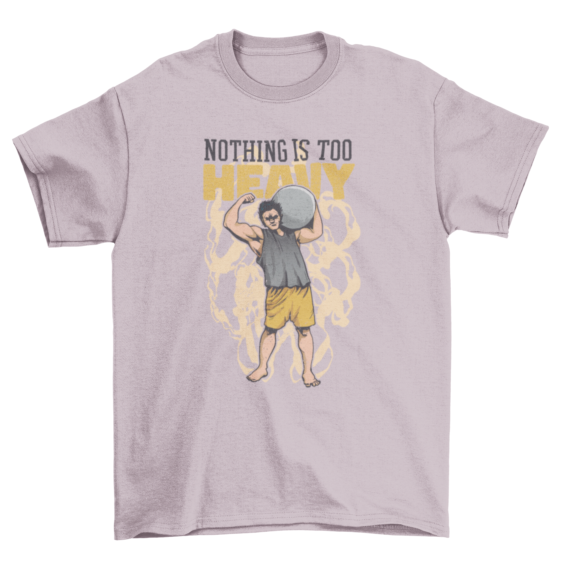 A black t-shirt featuring a strongman flexing biceps while holding a stone ball on his shoulder, showcasing strength and fitness.