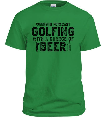 A stylish T-shirt featuring the phrase 'Golfing with a Chance of Beer', perfect for golf enthusiasts.
