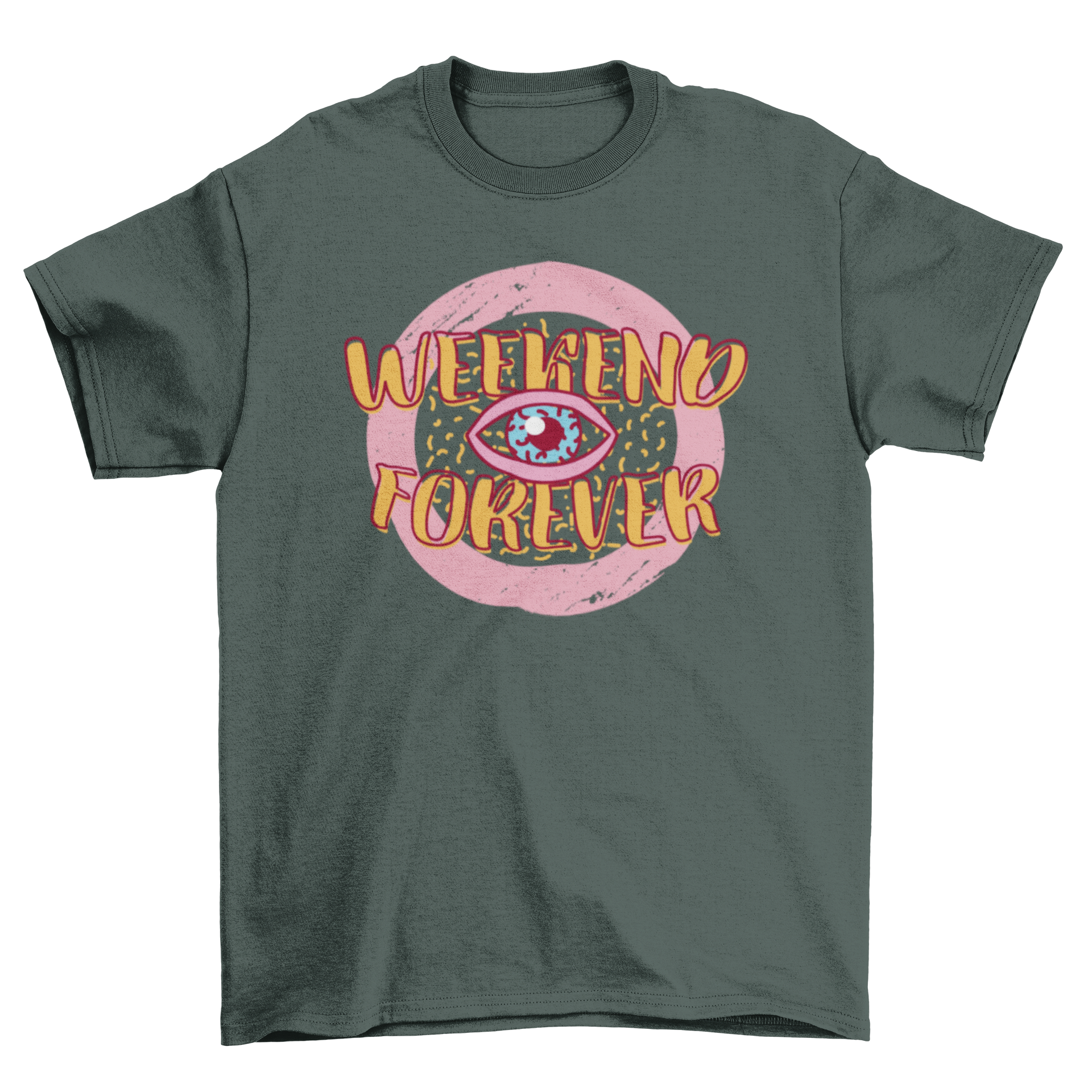 Weekend Forever Retro t-shirt design featuring a blue eye illustration and orange lettering on a retro background.