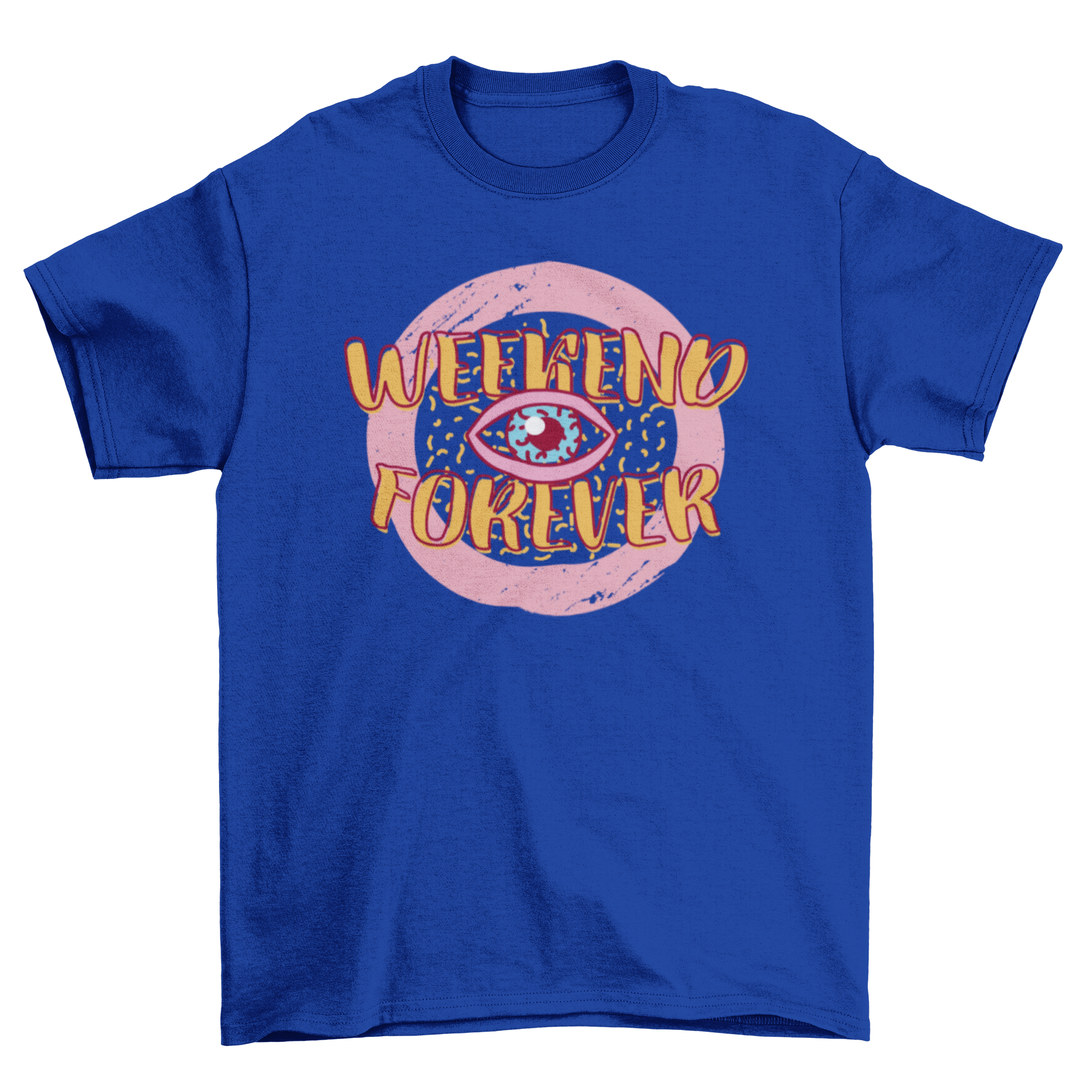 Weekend Forever Retro t-shirt design featuring a blue eye illustration and orange lettering on a retro background.