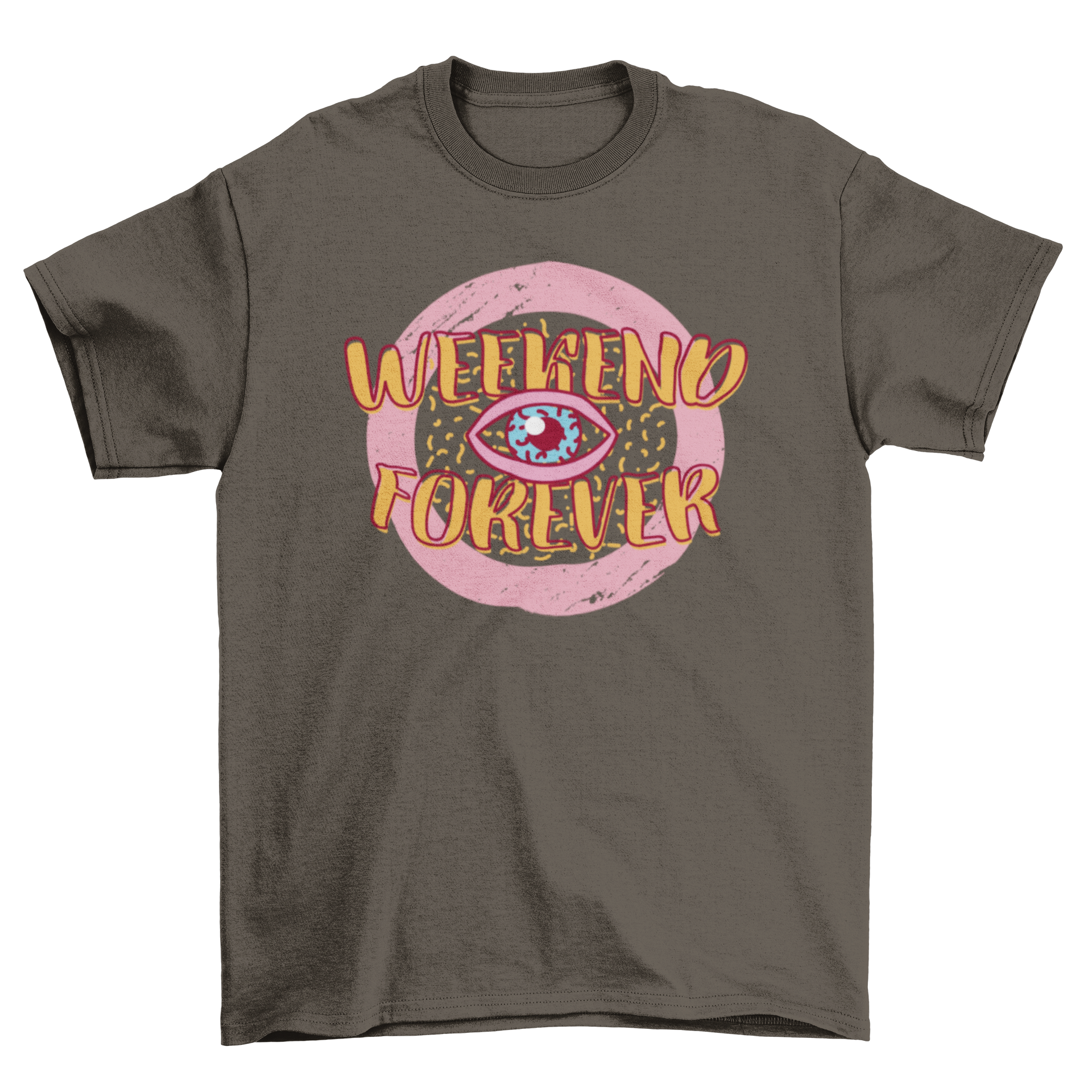 Weekend Forever Retro t-shirt design featuring a blue eye illustration and orange lettering on a retro background.