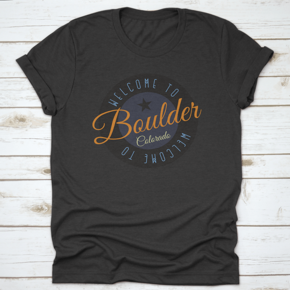 A stylish cotton shirt featuring the phrase 'Welcome To Boulder Colorado' with scenic designs, perfect for tourists and locals.