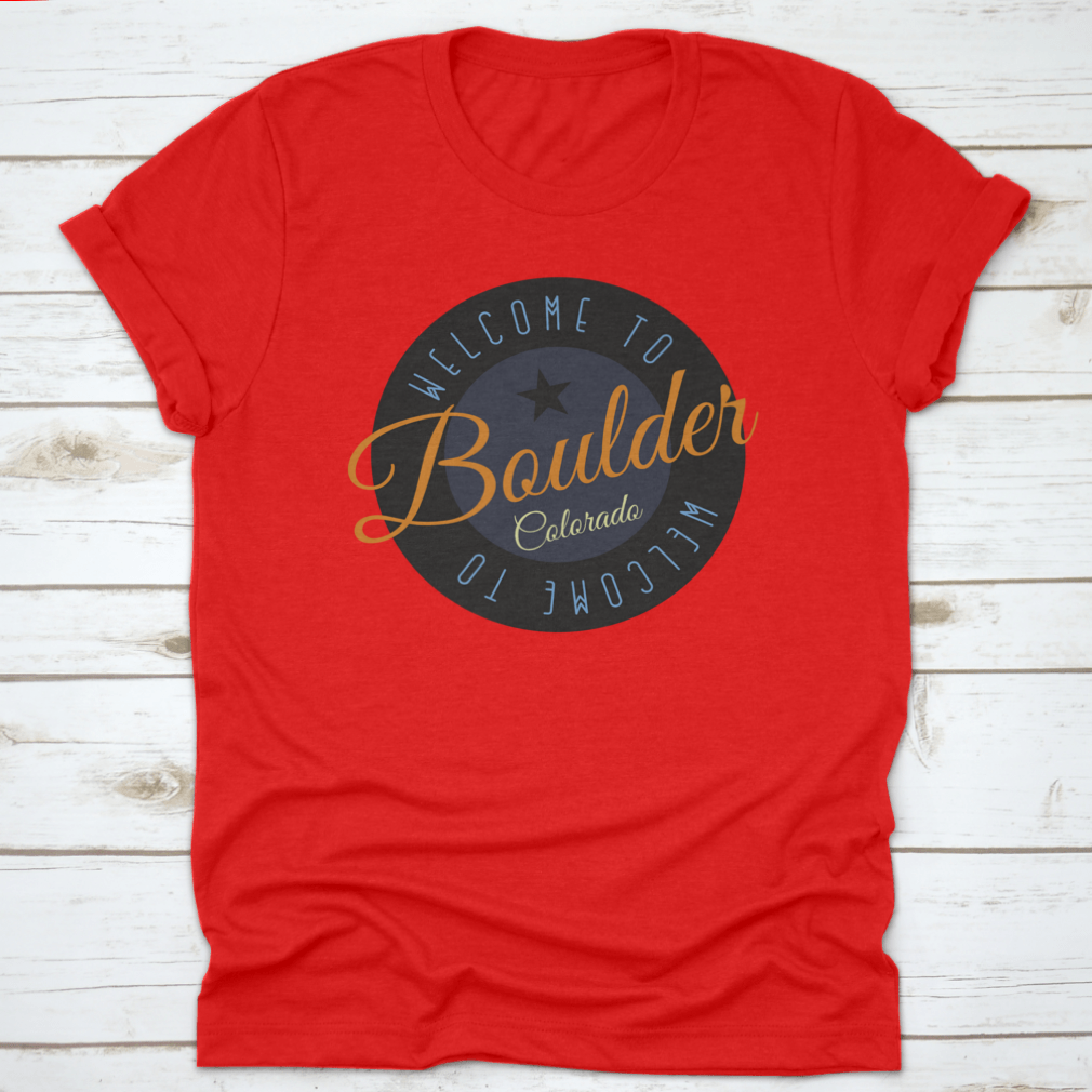 A stylish cotton shirt featuring the phrase 'Welcome To Boulder Colorado' with scenic designs, perfect for tourists and locals.