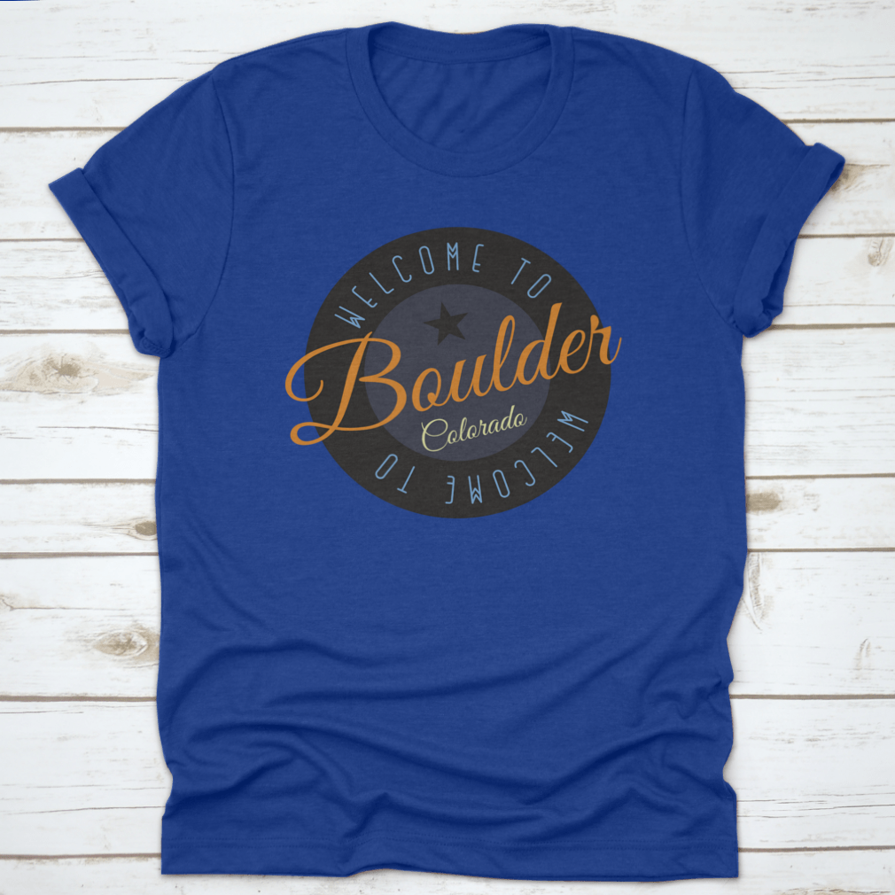 A stylish cotton shirt featuring the phrase 'Welcome To Boulder Colorado' with scenic designs, perfect for tourists and locals.