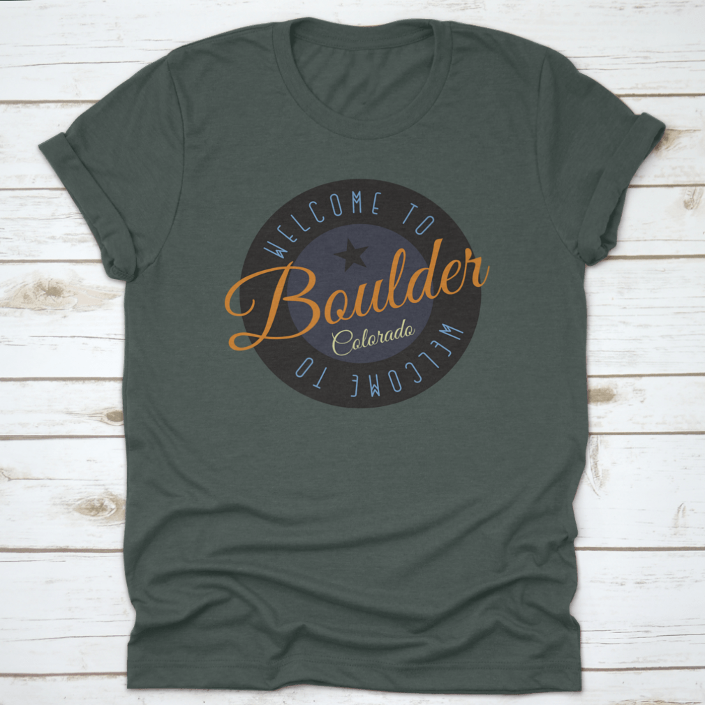 A stylish cotton shirt featuring the phrase 'Welcome To Boulder Colorado' with scenic designs, perfect for tourists and locals.