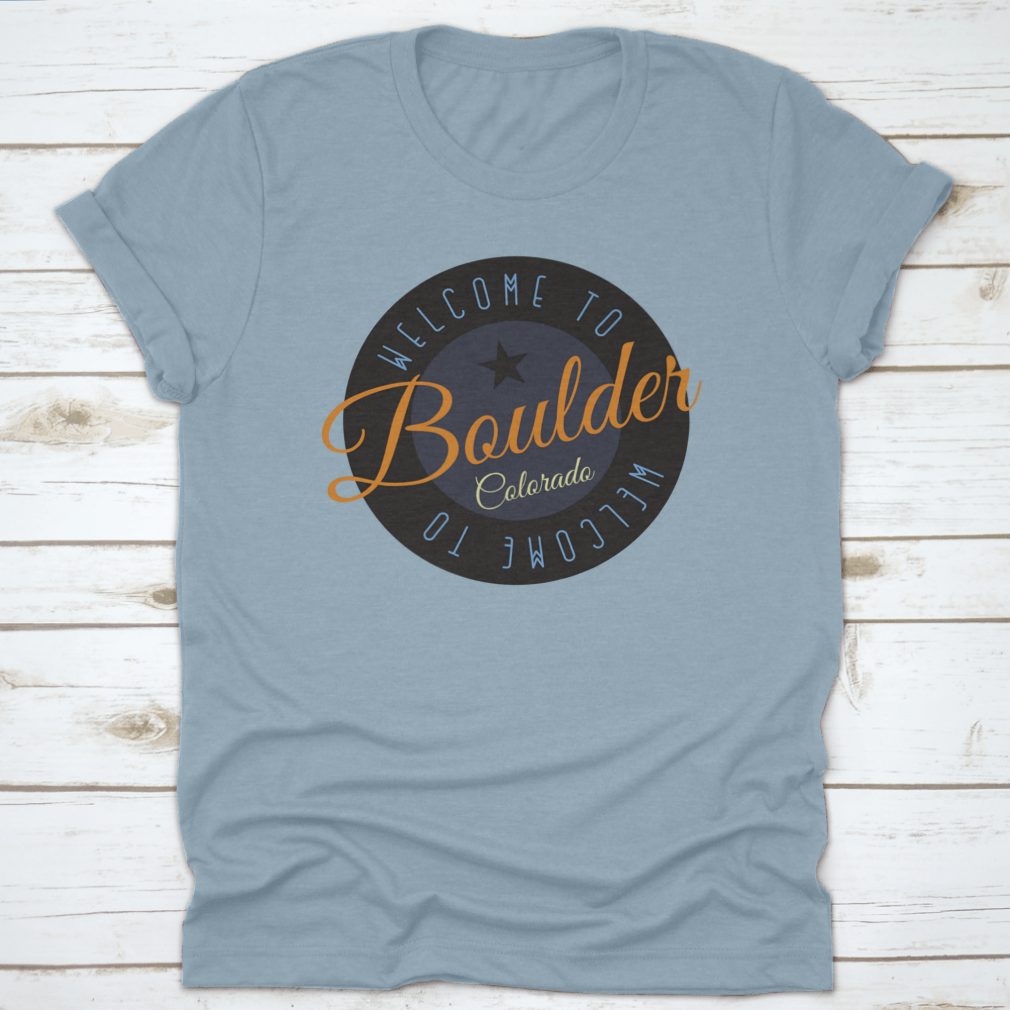 A stylish cotton shirt featuring the phrase 'Welcome To Boulder Colorado' with scenic designs, perfect for tourists and locals.