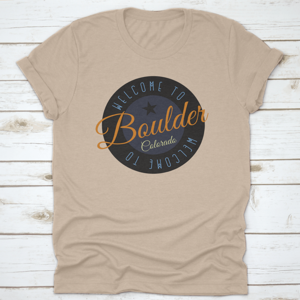 A stylish cotton shirt featuring the phrase 'Welcome To Boulder Colorado' with scenic designs, perfect for tourists and locals.