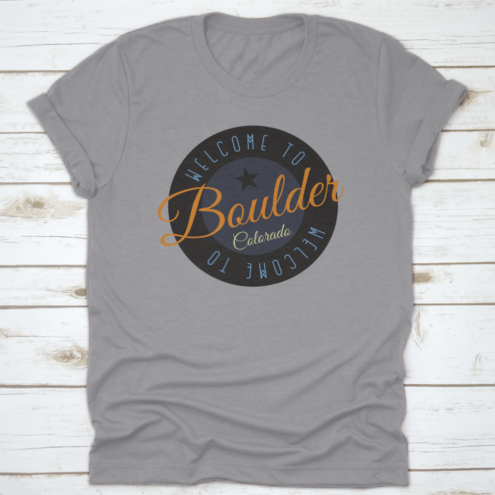 A stylish cotton shirt featuring the phrase 'Welcome To Boulder Colorado' with scenic designs, perfect for tourists and locals.