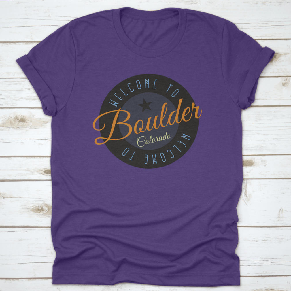 A stylish cotton shirt featuring the phrase 'Welcome To Boulder Colorado' with scenic designs, perfect for tourists and locals.