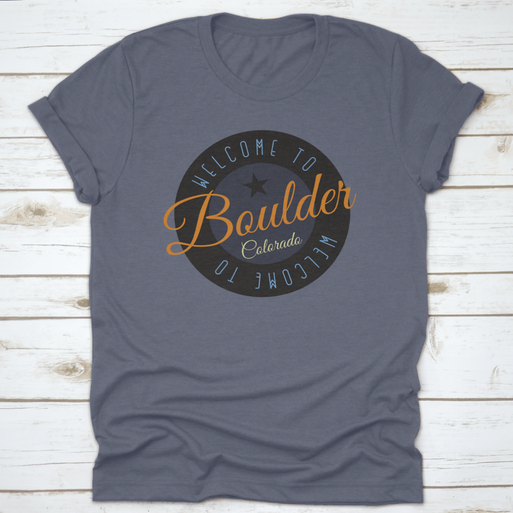 A stylish cotton shirt featuring the phrase 'Welcome To Boulder Colorado' with scenic designs, perfect for tourists and locals.
