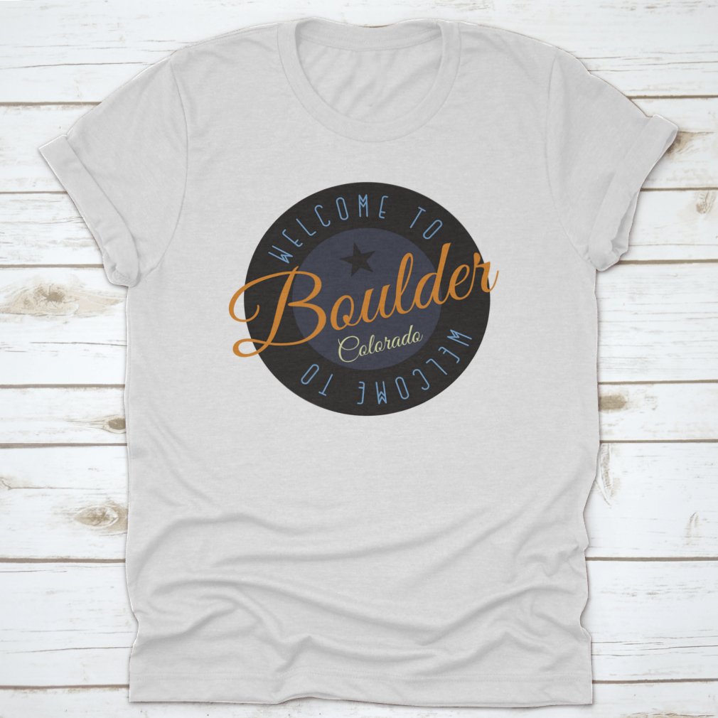 A stylish cotton shirt featuring the phrase 'Welcome To Boulder Colorado' with scenic designs, perfect for tourists and locals.