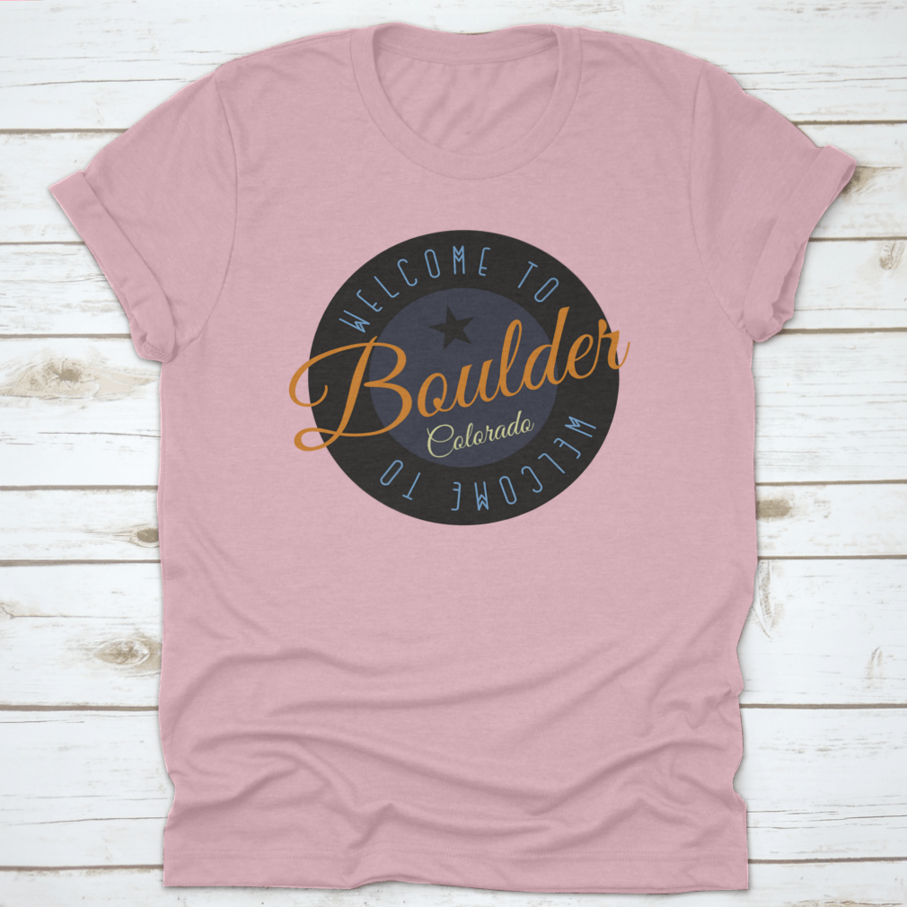 A stylish cotton shirt featuring the phrase 'Welcome To Boulder Colorado' with scenic designs, perfect for tourists and locals.