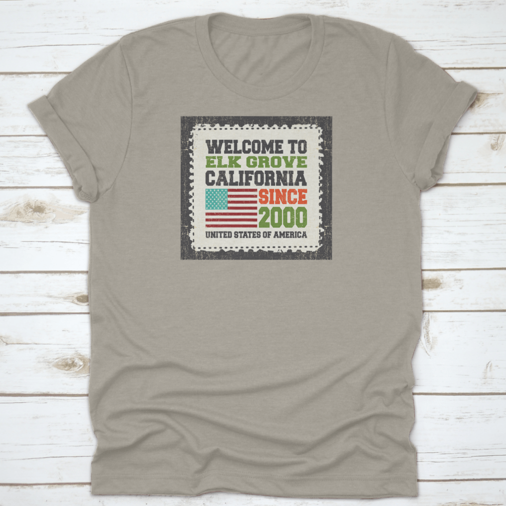 A stylish t-shirt featuring the American flag, representing Elk Grove, California, made from high-quality cotton fabric.