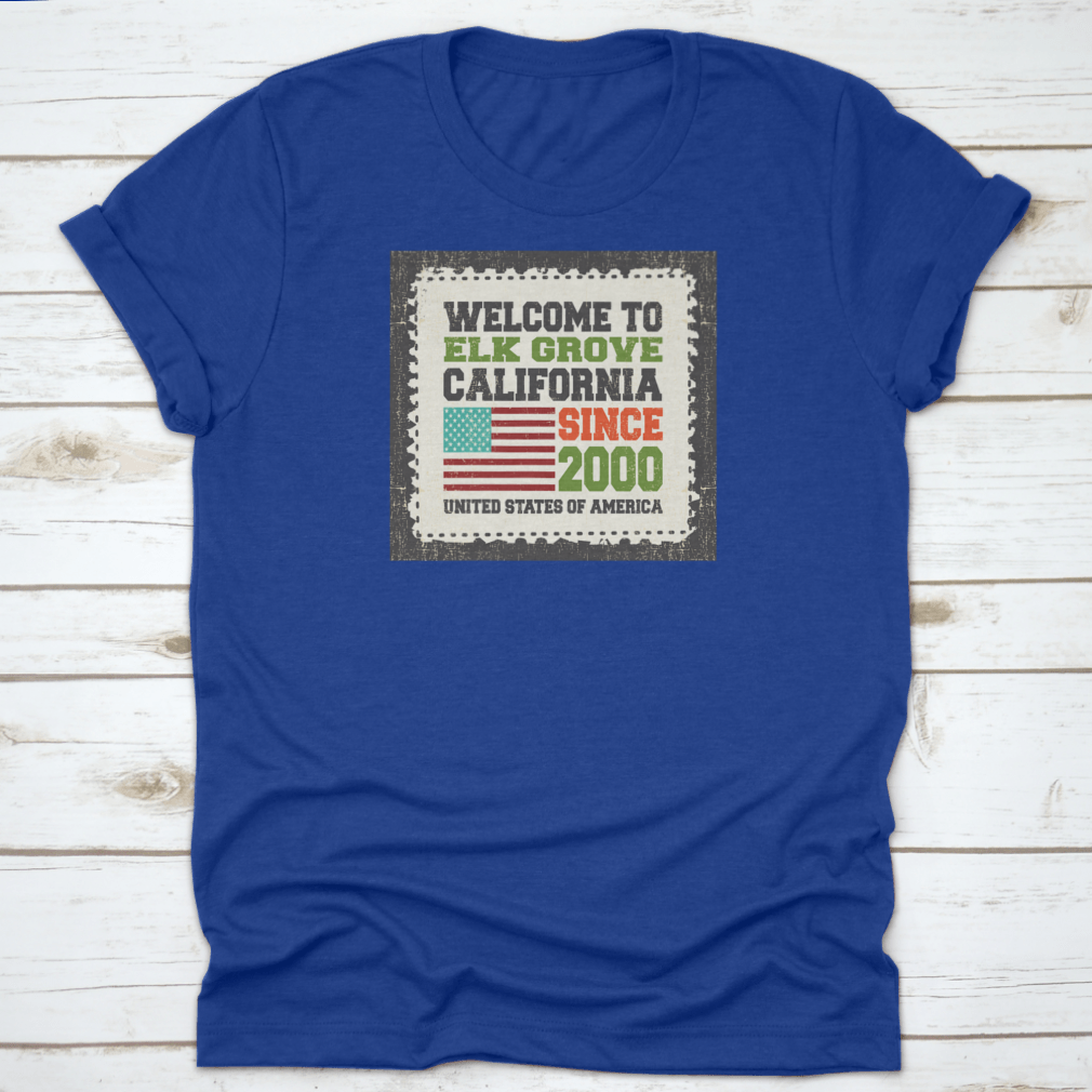 A stylish t-shirt featuring the American flag, representing Elk Grove, California, made from high-quality cotton fabric.