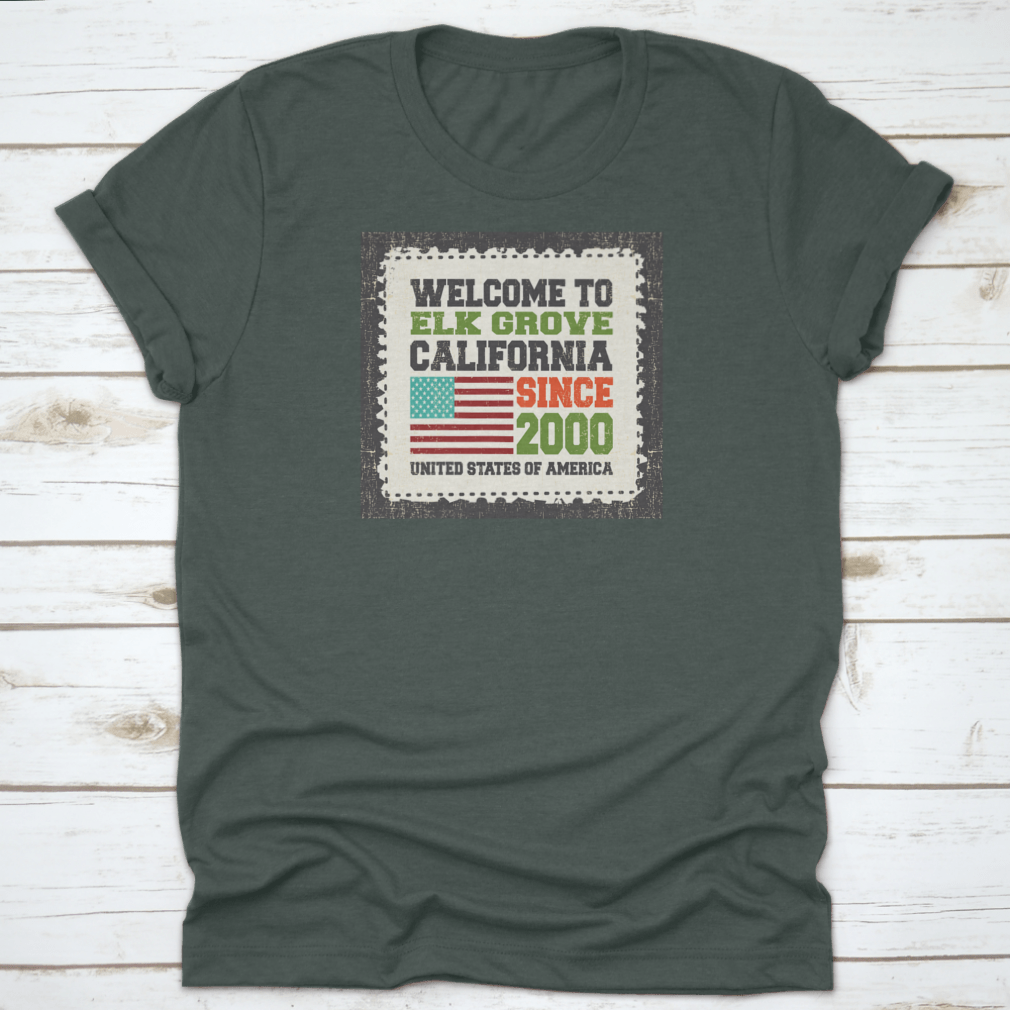 A stylish t-shirt featuring the American flag, representing Elk Grove, California, made from high-quality cotton fabric.