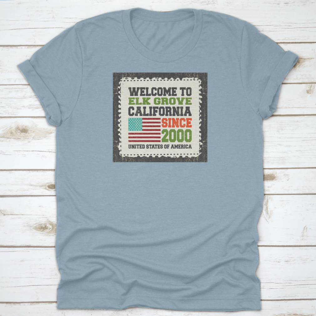 A stylish t-shirt featuring the American flag, representing Elk Grove, California, made from high-quality cotton fabric.