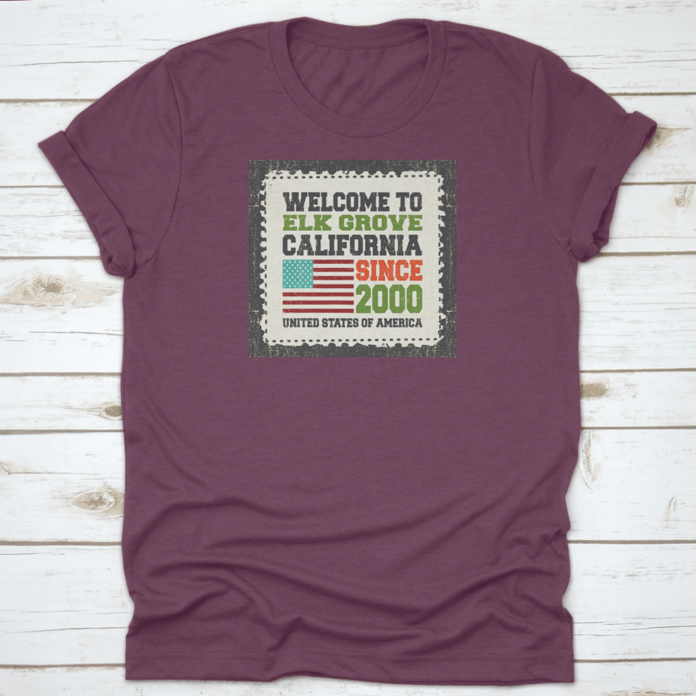 A stylish t-shirt featuring the American flag, representing Elk Grove, California, made from high-quality cotton fabric.