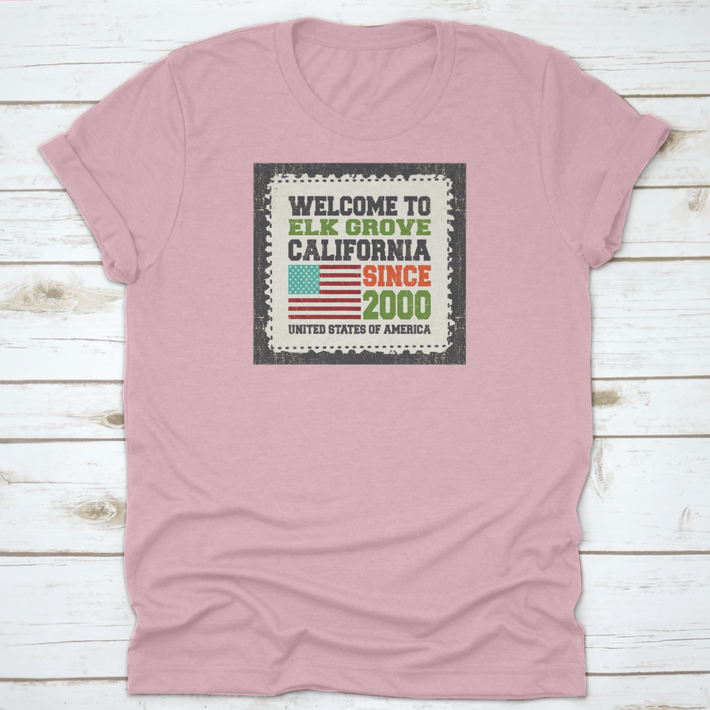 A stylish t-shirt featuring the American flag, representing Elk Grove, California, made from high-quality cotton fabric.