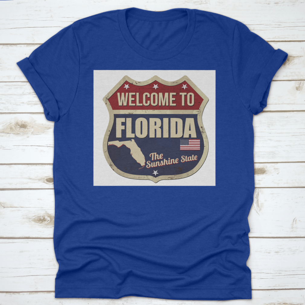 Vintage rusty metal sign featuring 'Welcome To Florida' on a white background, perfect for home decor.