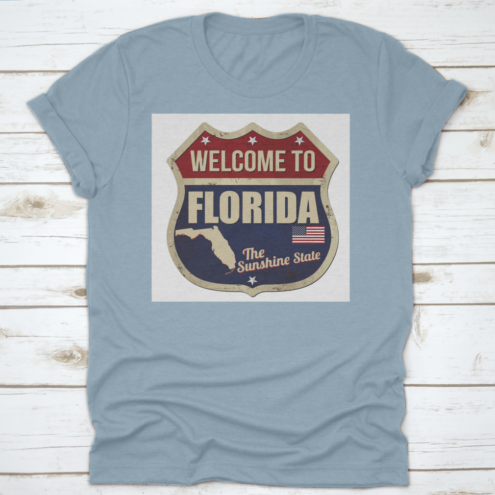 Vintage rusty metal sign featuring 'Welcome To Florida' on a white background, perfect for home decor.