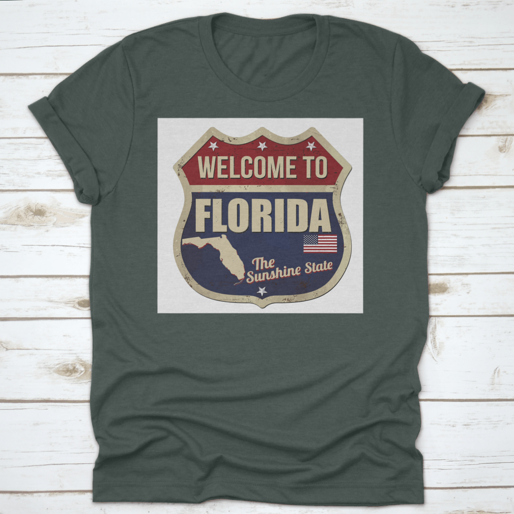 Vintage rusty metal sign featuring 'Welcome To Florida' on a white background, perfect for home decor.