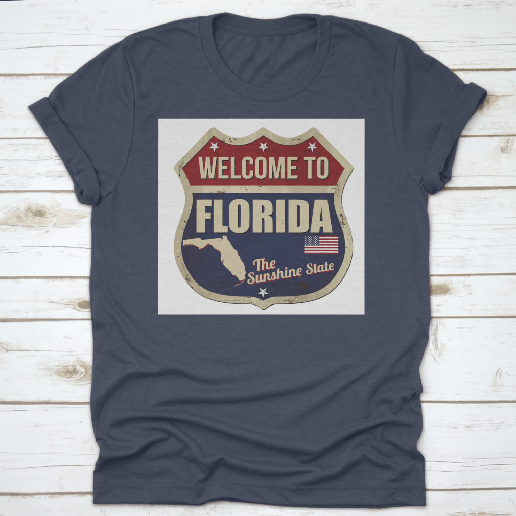 Vintage rusty metal sign featuring 'Welcome To Florida' on a white background, perfect for home decor.