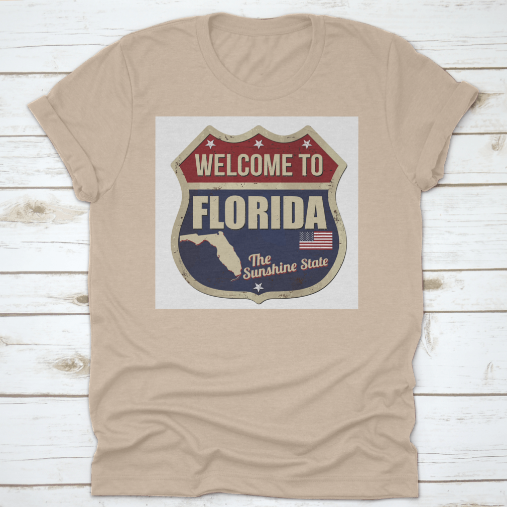 Vintage rusty metal sign featuring 'Welcome To Florida' on a white background, perfect for home decor.