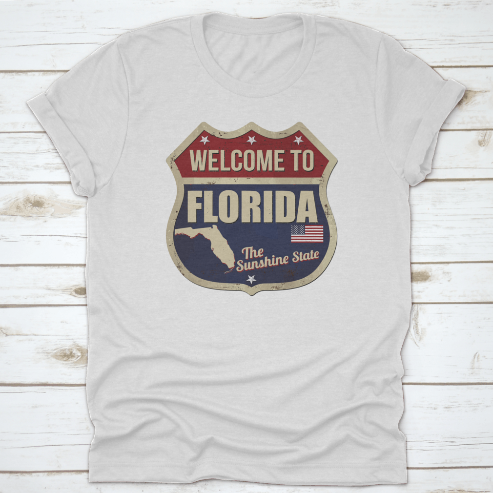 Vintage rusty metal sign featuring 'Welcome To Florida' on a white background, perfect for home decor.