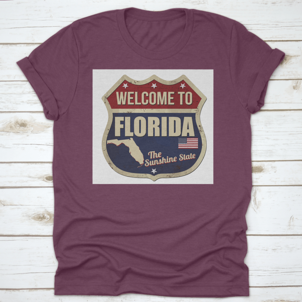 Vintage rusty metal sign featuring 'Welcome To Florida' on a white background, perfect for home decor.